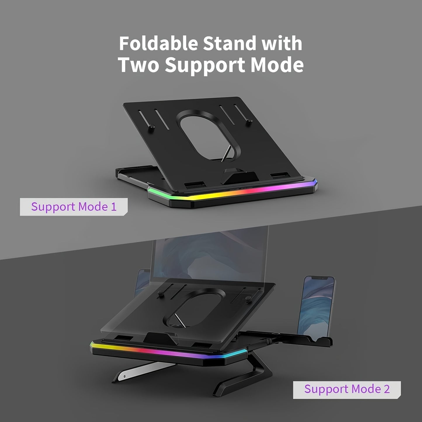 Laptop Stand With Two Mobile Phone Holders Height-Adjustable Notebook Stand With RGB Lighting Laptop Holder Compatible With MacBook Surface Samsung Dell 10-17 Inch Laptops