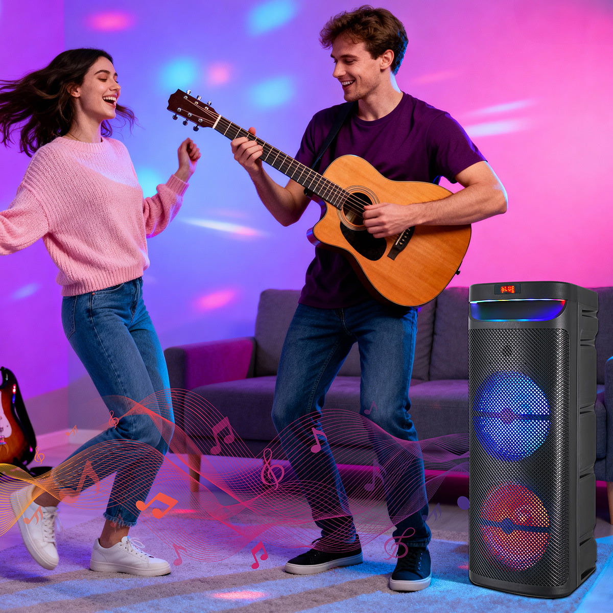 Portable Wireless PA Speaker, Bluetooth Speakers Loud Sound Powerful Subwoofer System, Support AUX USB FM Wired Microphone Audio Input, Built-in Rechargeable Battery Speaker with LED Light, Wired Microphone and Remote Control