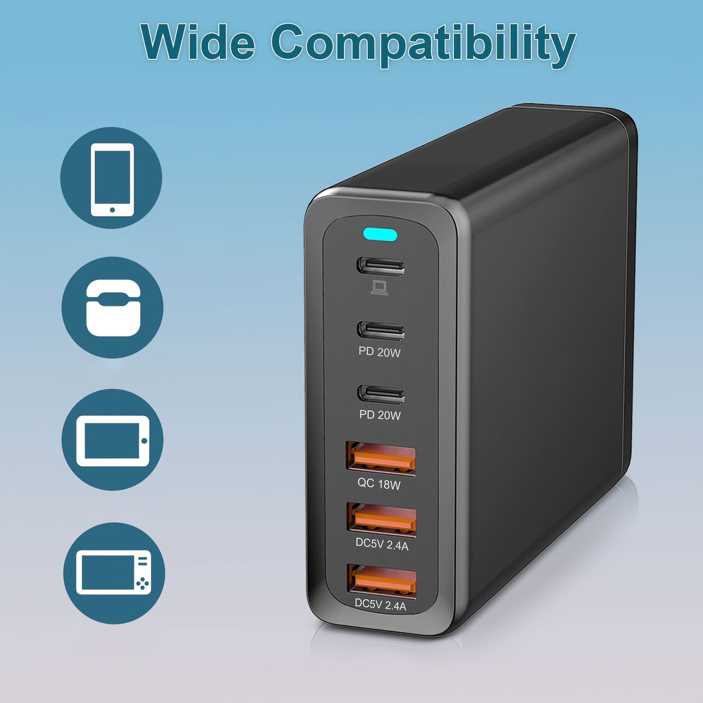 6-Port Compact PD Fast Charger - High-Speed Laptop Power Adapter with Foldable Design, 5Ft AC Extension Cord, and Multi-Device Compatibility for MacBook Pro/Air, iPad Pro, iPhone 14/13/12, Galaxy Note20, S22, Pixel, and More