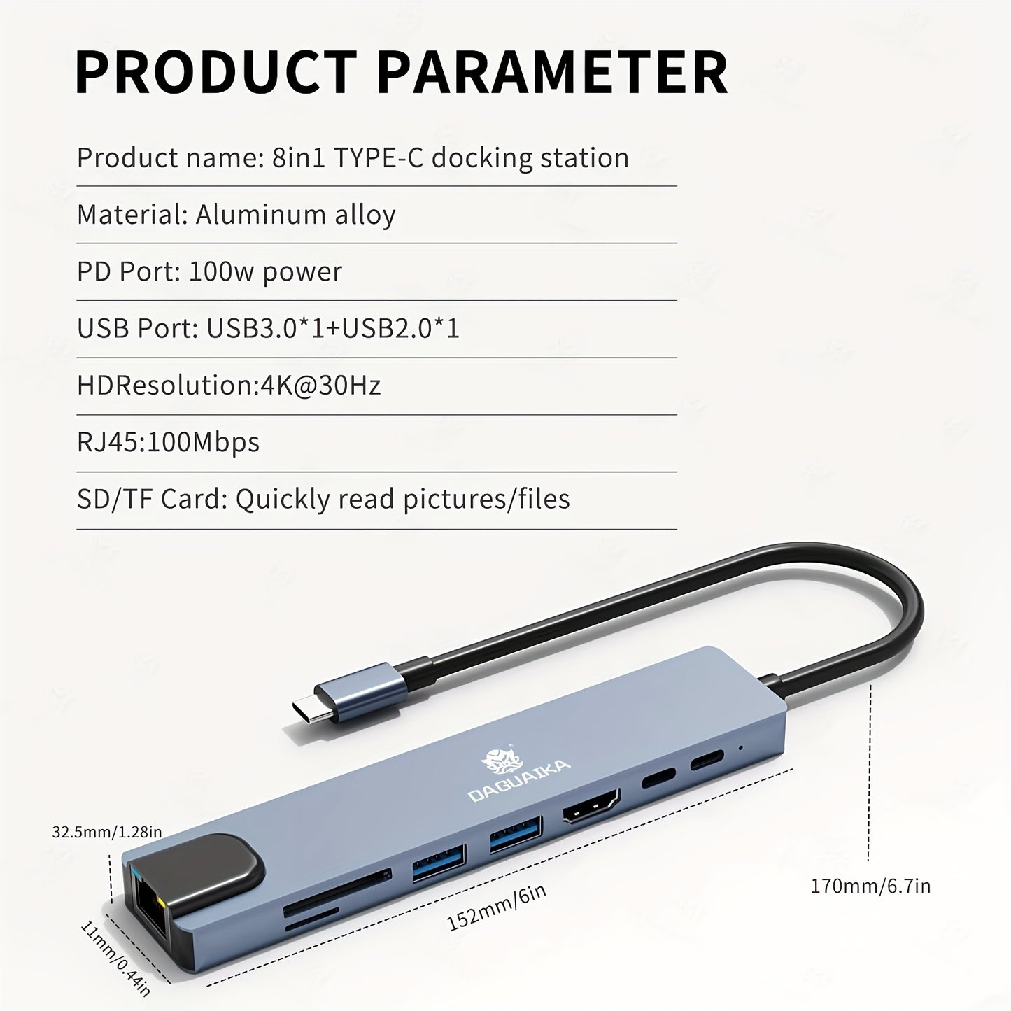 8 in 1 USB C Hub Type C to 4K HDTV Adapter with 100M RJ45 SD/TF Card Reader Fast Charger for MacBook Notebook Windows Laptop Computer