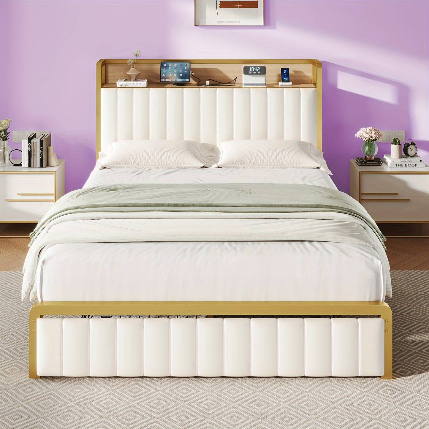 PaPaJet Bed Frame with Motion Sensor Lights and Integrated Drawer Velvet Platform Bed, Storage Headboard/Charging Station/Noiseless/Easy to Assemble