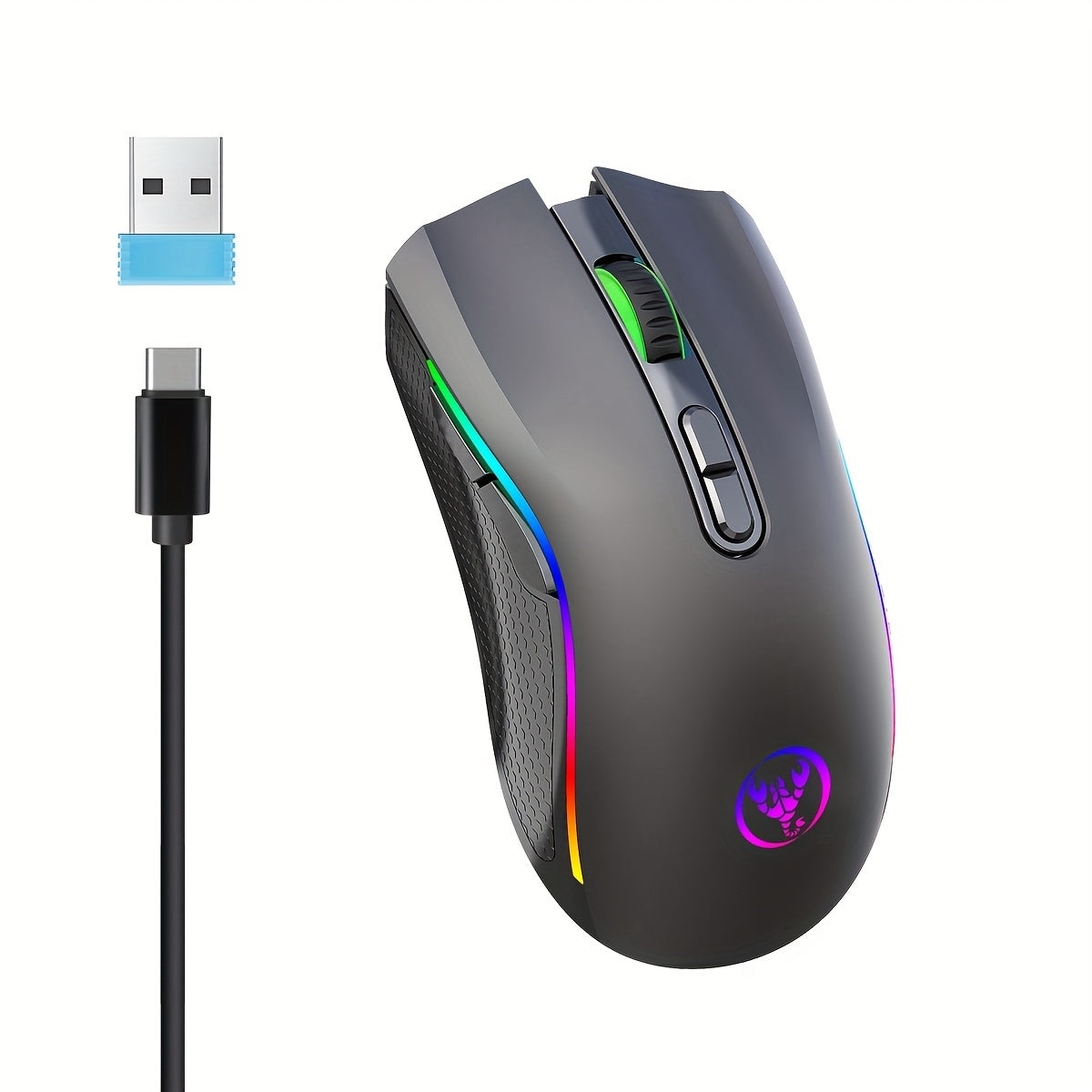 HXSJ RGB Wireless Mouse - 2.4G, Rechargeable with USB Plug & Play, Adjustable DPI up to 4800, Optical Sensor for Gaming and Office Use, Black/White