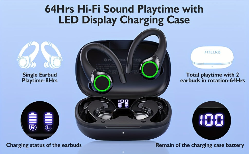 64H Total Playtime Wireless Earbuds - Earbud Headphones with BT V5.3, 4 Built-in Mic, In-Ear Stereo Sound, Sweat-Resistant Design for Sports and Running
