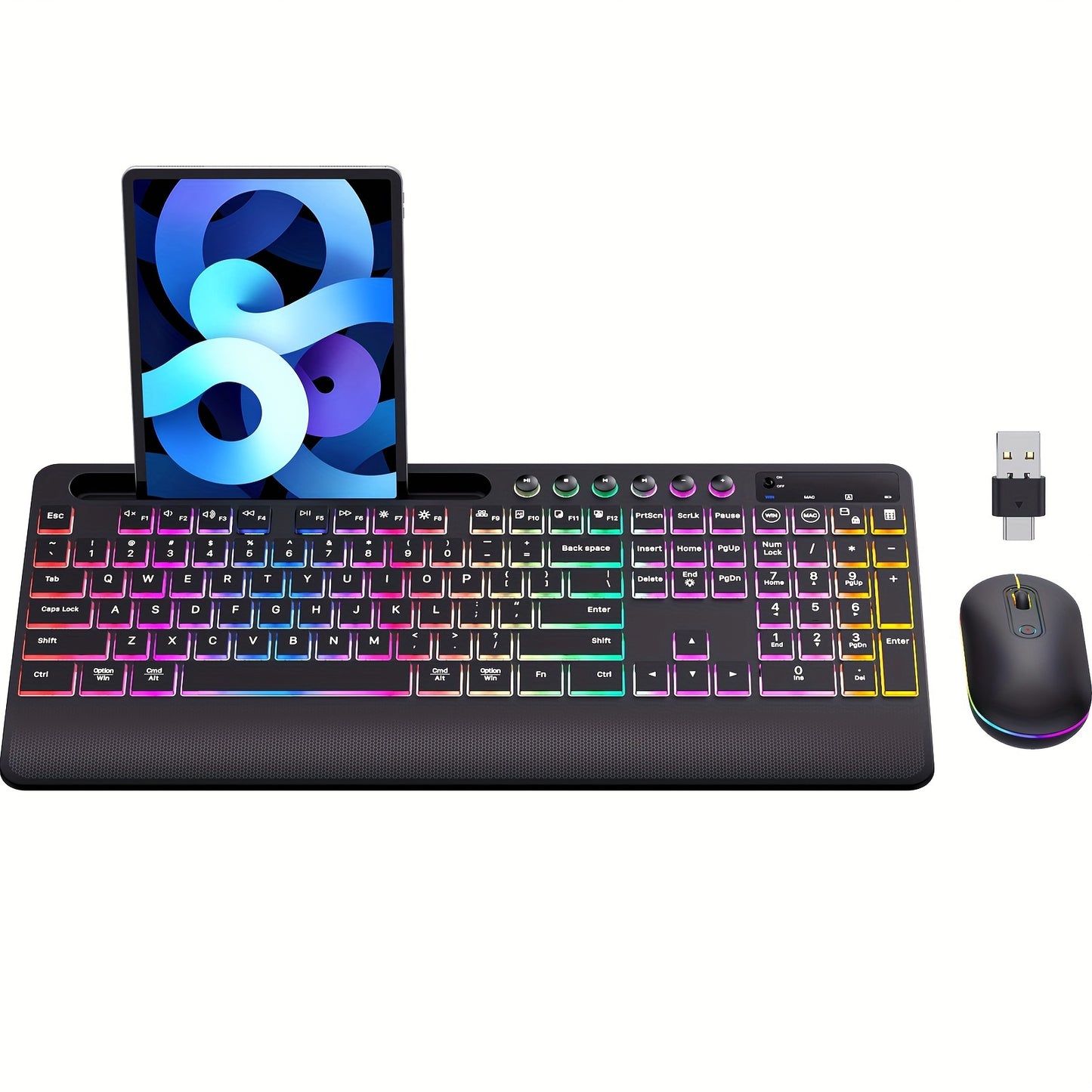 Wireless Keyboard And Mouse Backlit, 2.4GHz Lag-Free Rechargeable Keyboard Full-Size With Phone Holder Tablet Holder, Silent Ergonomic Wireless Keyboard Mouse Combo For Computer, PC, Laptop