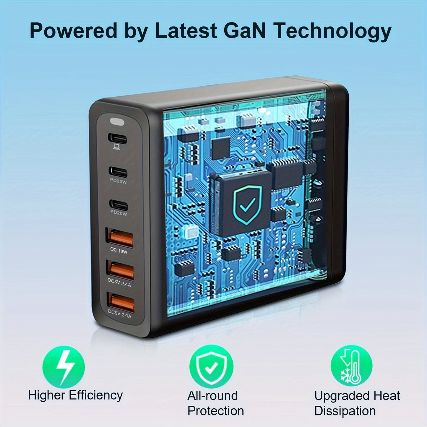 6-Port PD Fast Charger - Rapid Charging, Compact, and Foldable - Compatible with MacBook Pro/Air, iPad Pro, iPhone 14/13/12, Galaxy Note20 S22, Pixel with 5Ft AC Extension Cord