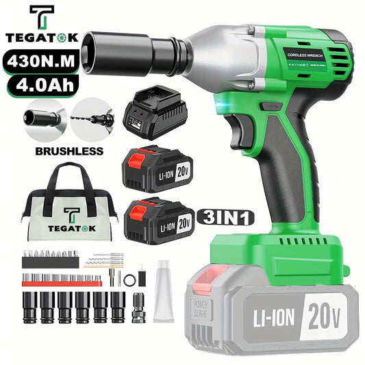 Tegatok Cordless Impact Wrench | 430N.m Brushless Motor | 2400 RPM | 4000mAh Li-ion Battery | Fast Charger | Multi-Size Sockets & Accessories | Reversible Auto-Stop | Ergonomic Design | Ideal for Home & Car Use