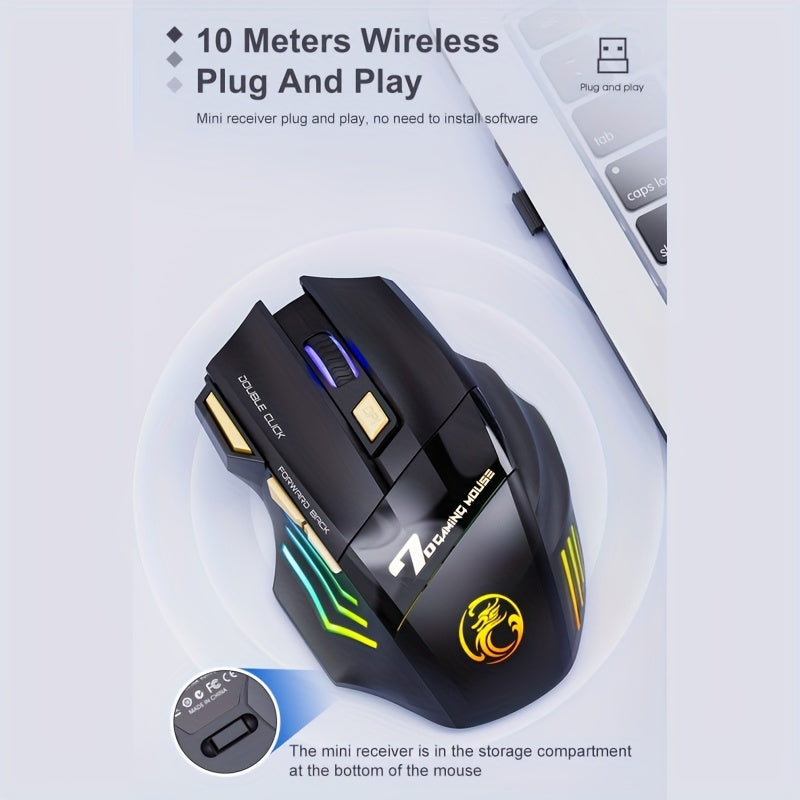MCPIWOHY Gaming Mouse 2.4G Wireless with RGB Breathing Light, 7 Programmable Buttons, 500mAh Rechargeable Battery, Type-C Charging, 7200 DPI, Right-Handed Design for Windows 10, Wireless Mouse for Laptop