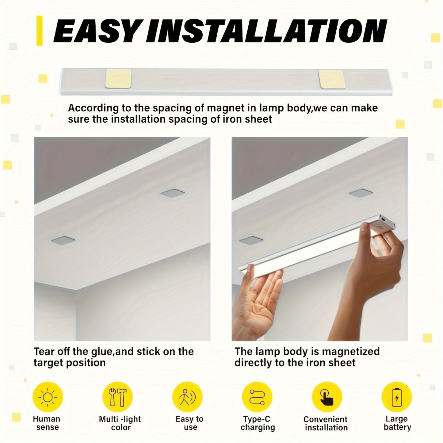 [LED Motion Sensor Lights] 2/4pcs LED Motion Sensor Under Cabinet Lights - 3 Color Temperatures Wireless USB Rechargeable Night Light - Indoor Closet Lights, Stick-On Anywhere Magnetic Under-Counter Light Fixtures