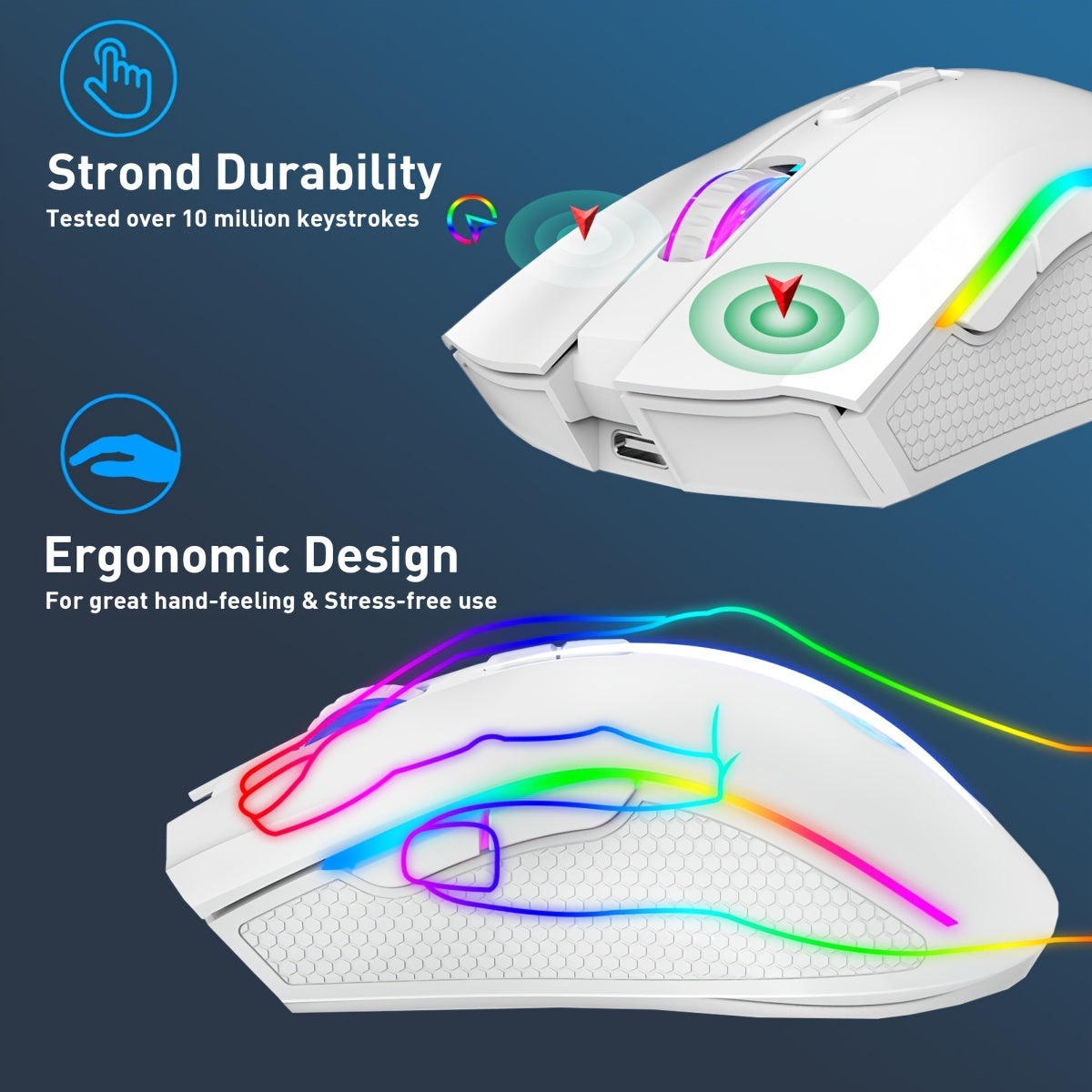 HXSJ RGB Wireless Mouse - 2.4G, Rechargeable with USB Plug & Play, Adjustable DPI up to 4800, Optical Sensor for Gaming and Office Use, Black/White