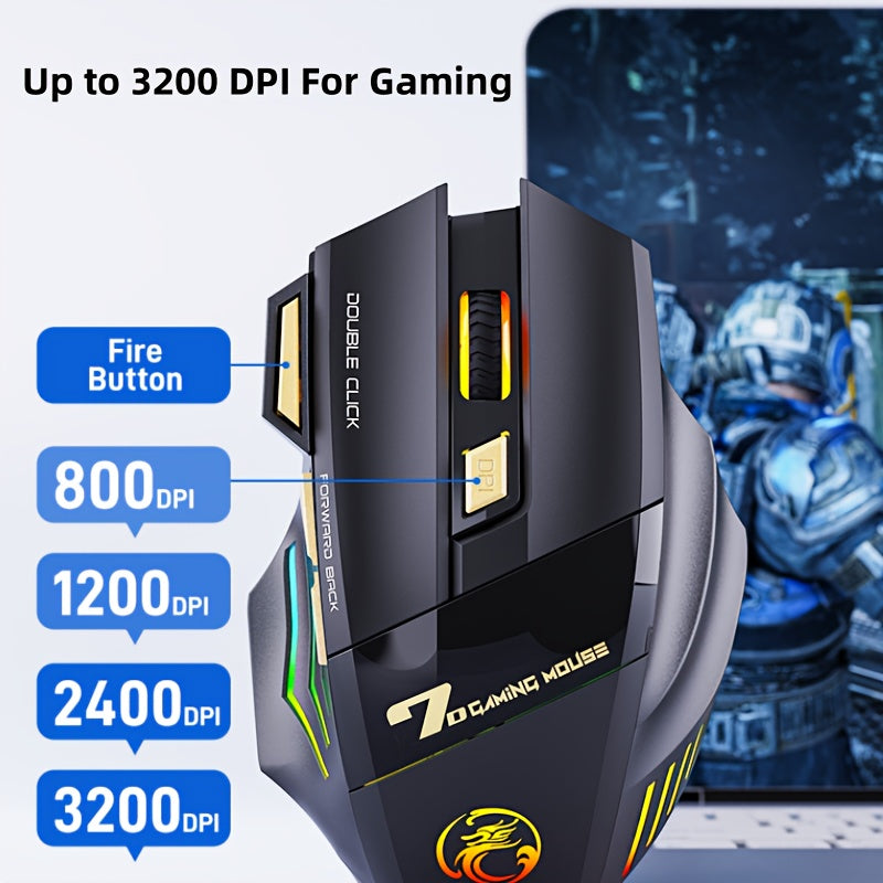 MCPIWOHY Gaming Mouse 2.4G Wireless with RGB Breathing Light, 7 Programmable Buttons, 500mAh Rechargeable Battery, Type-C Charging, 7200 DPI, Right-Handed Design for Windows 10, Wireless Mouse for Laptop