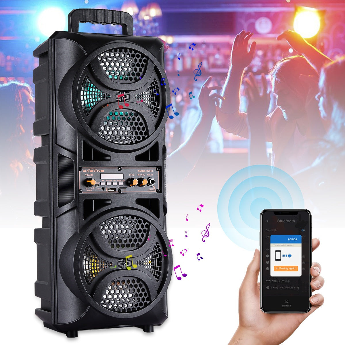 Portable Wireless PA Speaker, Bluetooth Speakers Loud Sound Powerful Subwoofer System, Support AUX USB FM Wired Microphone Audio Input, Built-in Rechargeable Battery Speaker with LED Light, Wired Microphone and Remote Control