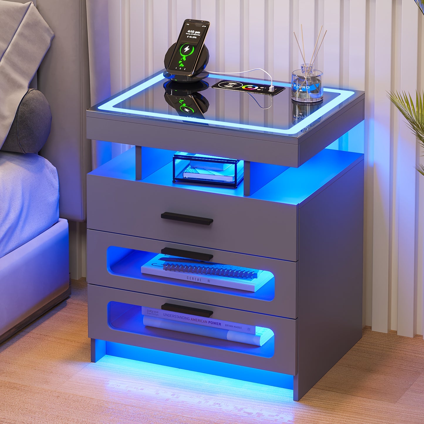 HNEBC Smart Nightstand With Charging Station, Bedside Table With 2 Drawers & One Jewelry Storage, RGB LED Night Stand With Motion Sensor Lights, Side Table With Glass Top/Remote Control