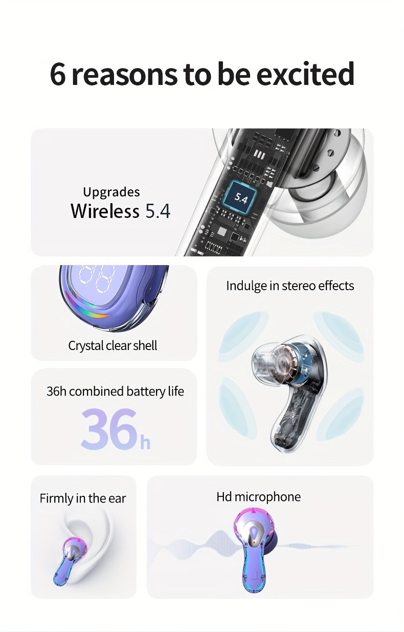 Wireless 5.4 Wireless Earbuds Built-in Ambient Lighting Sports Gaming Headset Bass Touch Control Headset Digital Display