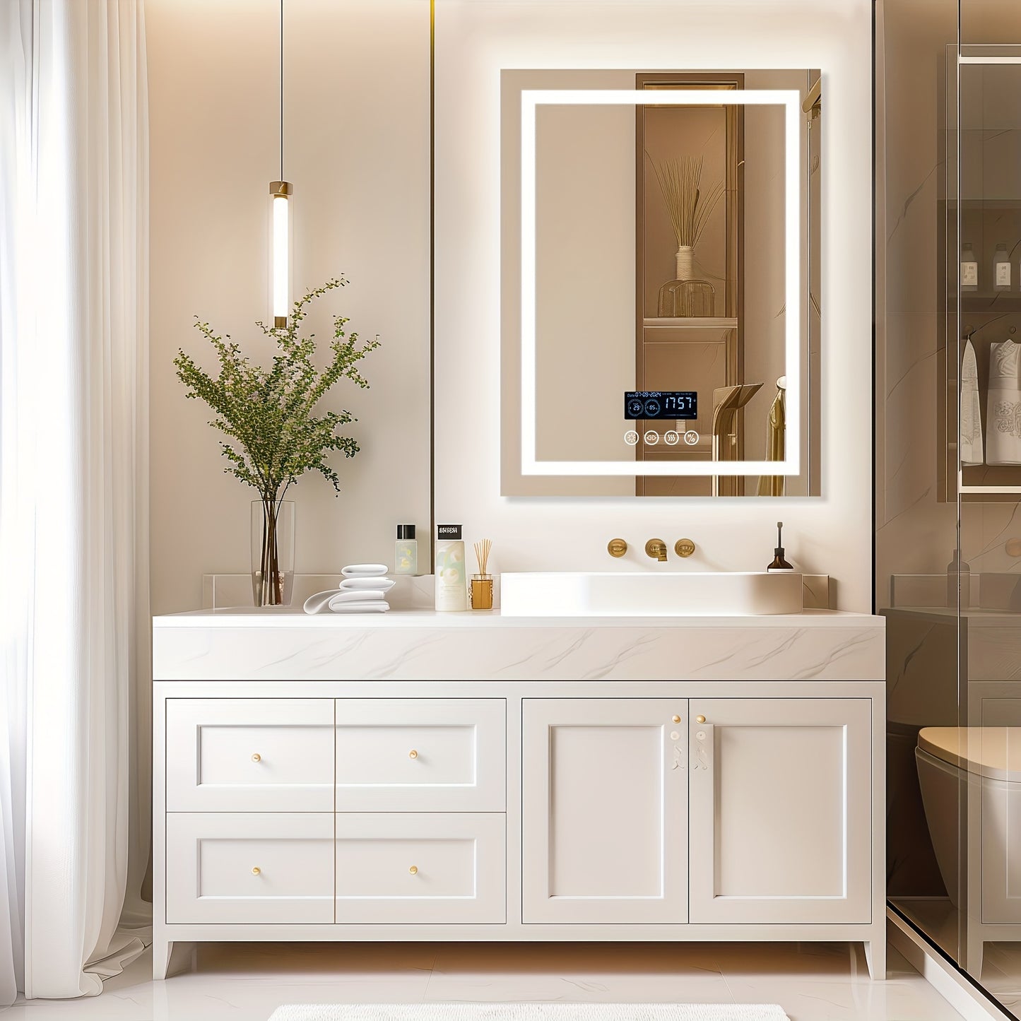 28" X 36" LED Lighted Bathroom Mirror Lighted Bathroom Music Mirror With Dual LED Light Strips Smart Wall Vanity Mirror, Front-lit, Dimming, Date And Time