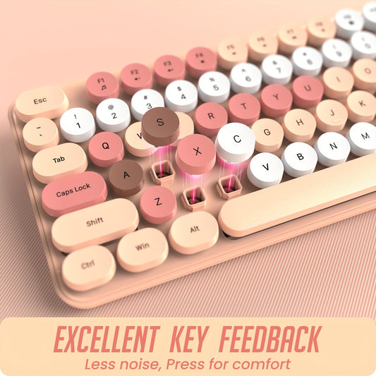 Wireless Keyboard and Mouse, Silent Keyboard Mouse Combo, Full-Sized Colorful Typewriter Keyboard with Round Keycaps, 2.4G Cute Mouse Compatible with PC/ Laptop/ Computer, Rose Pink, Cream, Blue, Gaming Setup, Colorful Keycap
