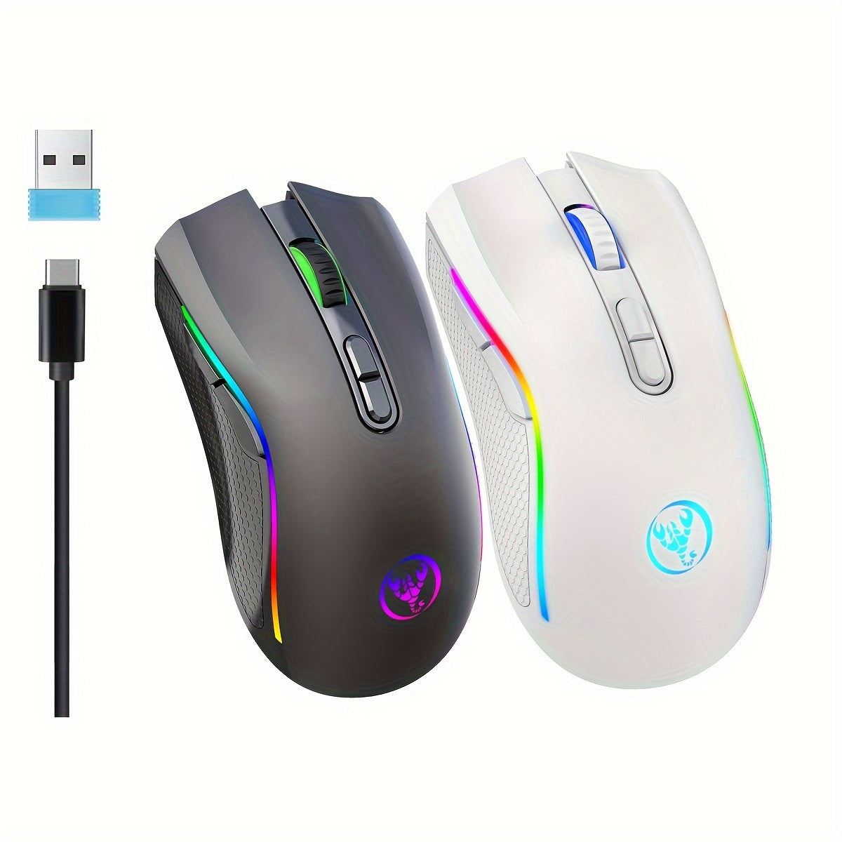HXSJ RGB Wireless Mouse - 2.4G, Rechargeable with USB Plug & Play, Adjustable DPI up to 4800, Optical Sensor for Gaming and Office Use, Black/White