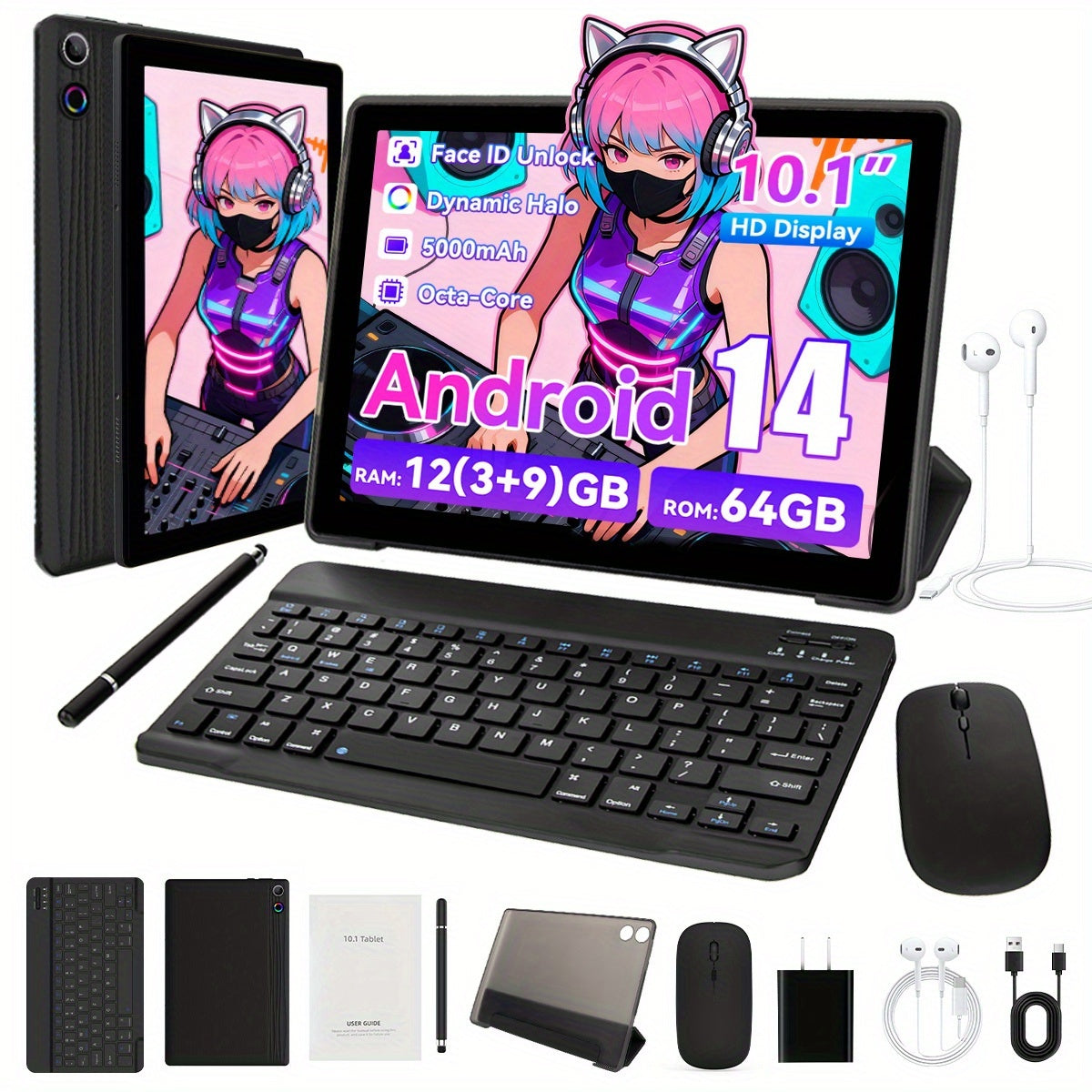 AEEZO 10.1-inch Quad-Core/Octa-Core Tablet, 64GB ROM, 6GB/12GB RAM, Android 13/14, 5000mAh Battery, 800x1280. Options: Tablet Only: Tablet + Wireless Keyboard + Mouse + Stylus Without Electricity+ Headphones + Foldable Case;