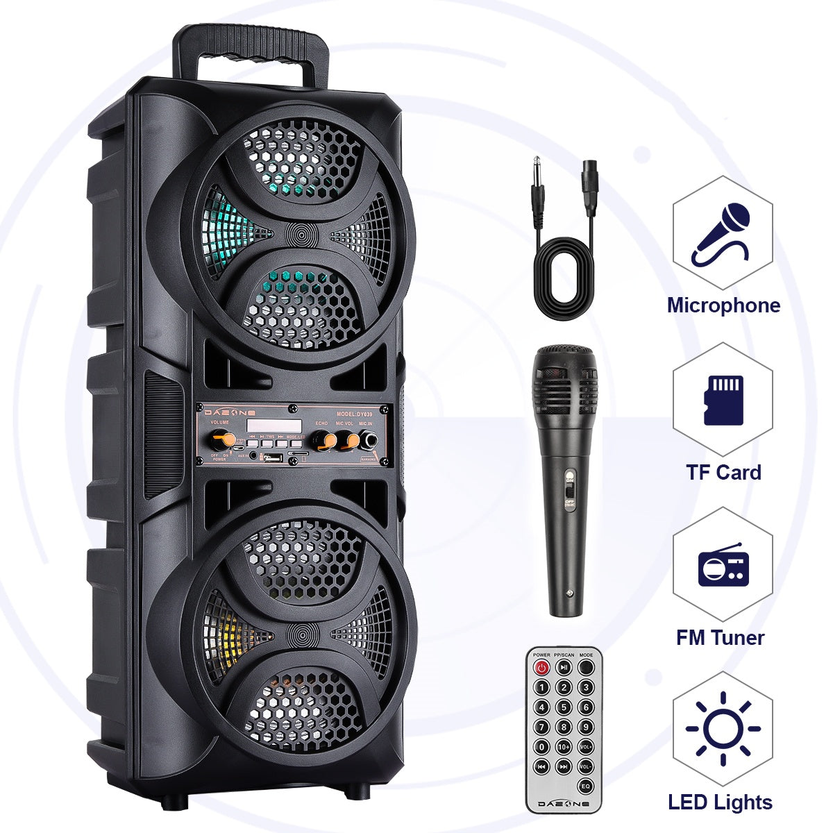 Portable Wireless PA Speaker, Bluetooth Speakers Loud Sound Powerful Subwoofer System, Support AUX USB FM Wired Microphone Audio Input, Built-in Rechargeable Battery Speaker with LED Light, Wired Microphone and Remote Control