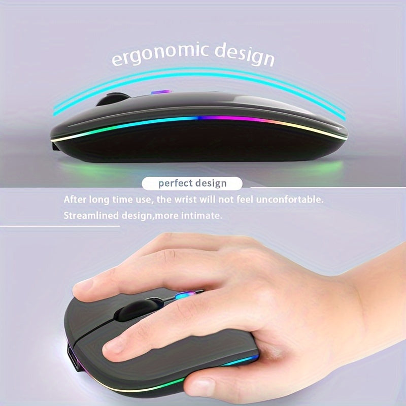 Ultra-Slim Wireless Mouse with LED Lighting - Dual Mode Rechargeable, Silent Operation, Portable Wireless 5.2+USB Receiver for Laptops, Desktops & Tablets