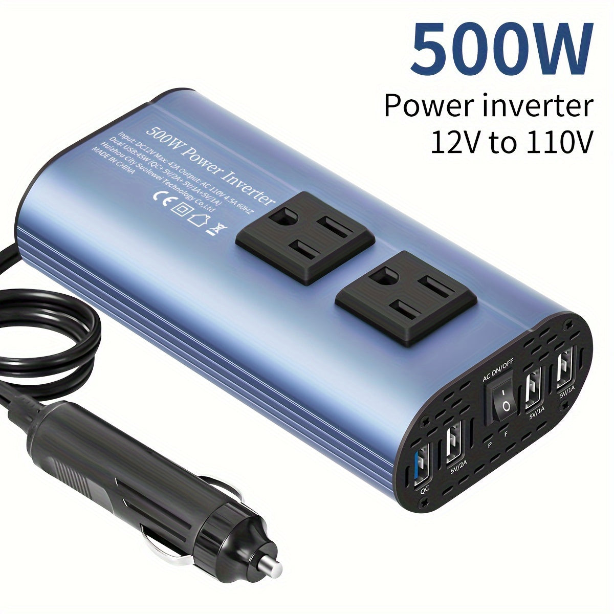 [500W Peak Power] 500W Car Power Inverter Converter - DC 12V to AC 110V, LCD Display, Dual AC Outlets, 4 USB Car Chargers - For Cars, Homes, Laptops, Trucks