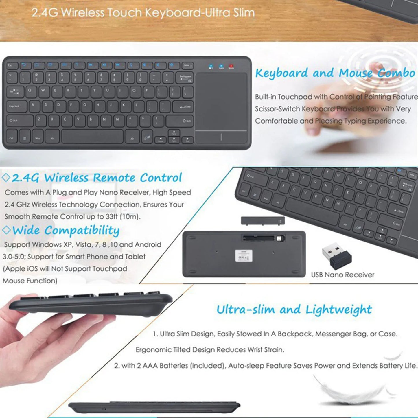 Wireless Keyboard Built in Trackpad Durable Lightweight 2.4G 78 Key Kaypad Portable for Laptop Computer Desktop Smart TV Tablet