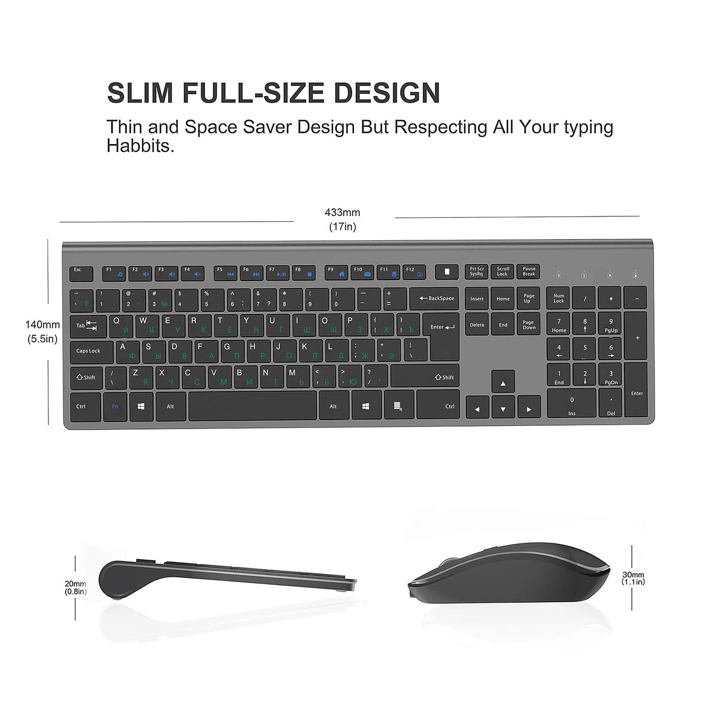 Wireless keyboard mouse , 2.4 gigahertz stable connection rechargeable battery, Full-size Russian layout,Black grey Silver white