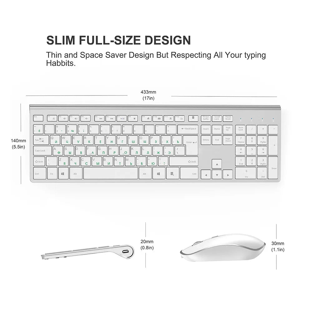 Wireless keyboard mouse , 2.4 gigahertz stable connection rechargeable battery, Full-size Russian layout,Black grey Silver white
