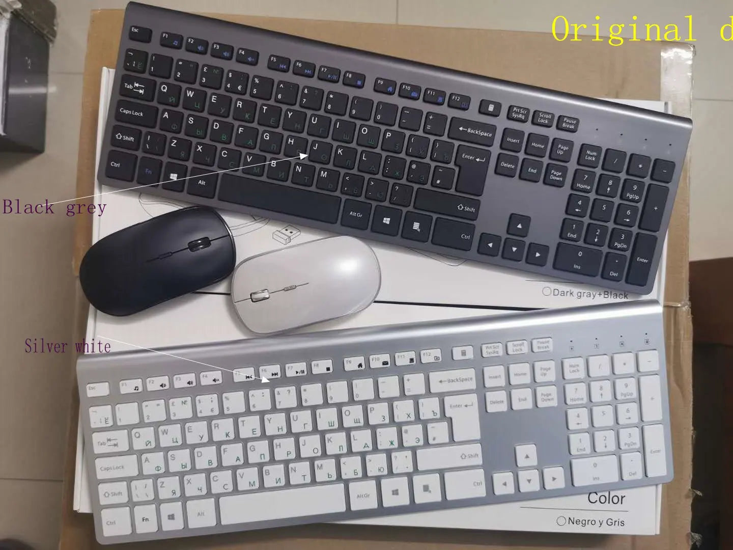 Wireless keyboard mouse , 2.4 gigahertz stable connection rechargeable battery, Full-size Russian layout,Black grey Silver white