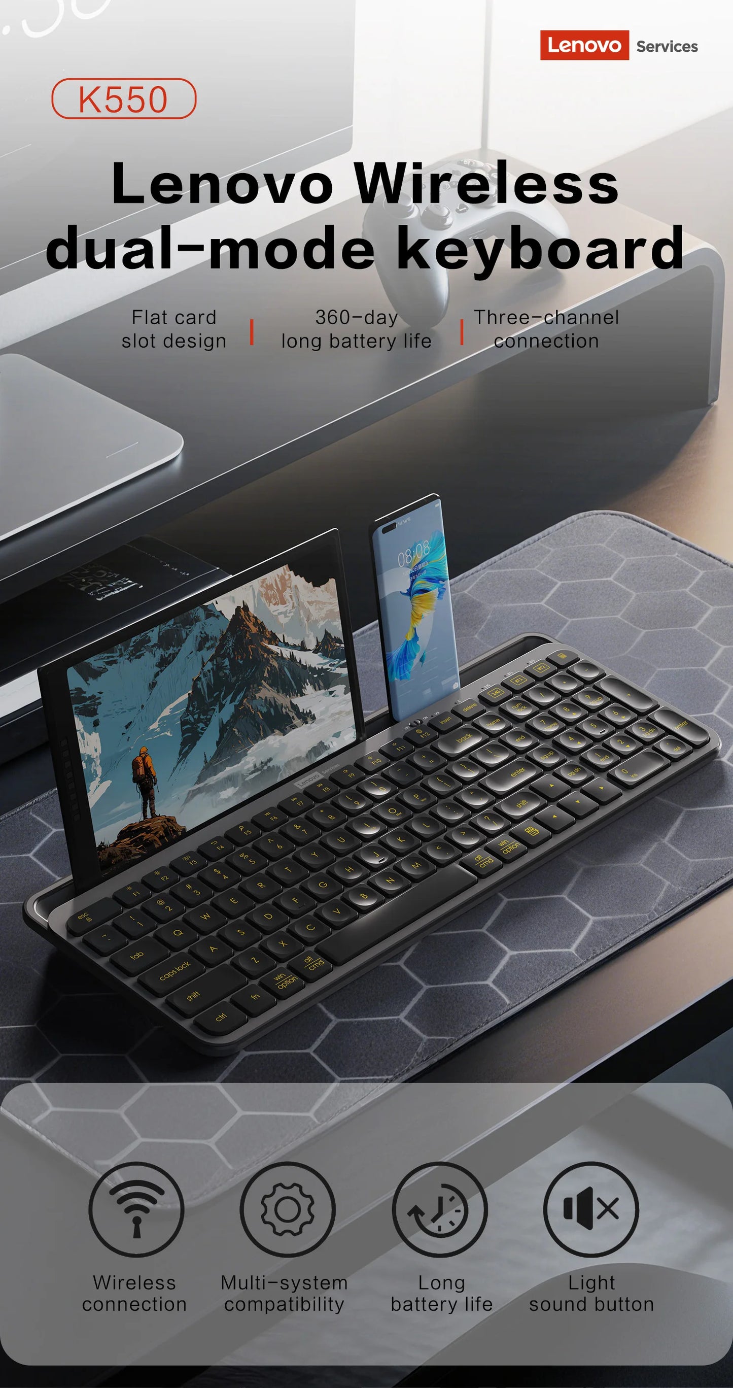 Wireless Gaming Keyboard Full-Sized 105 Key Silent 2.4GHz&Bluetooth Connection Multimedia Keys Compatible with PC Laptop Desktop