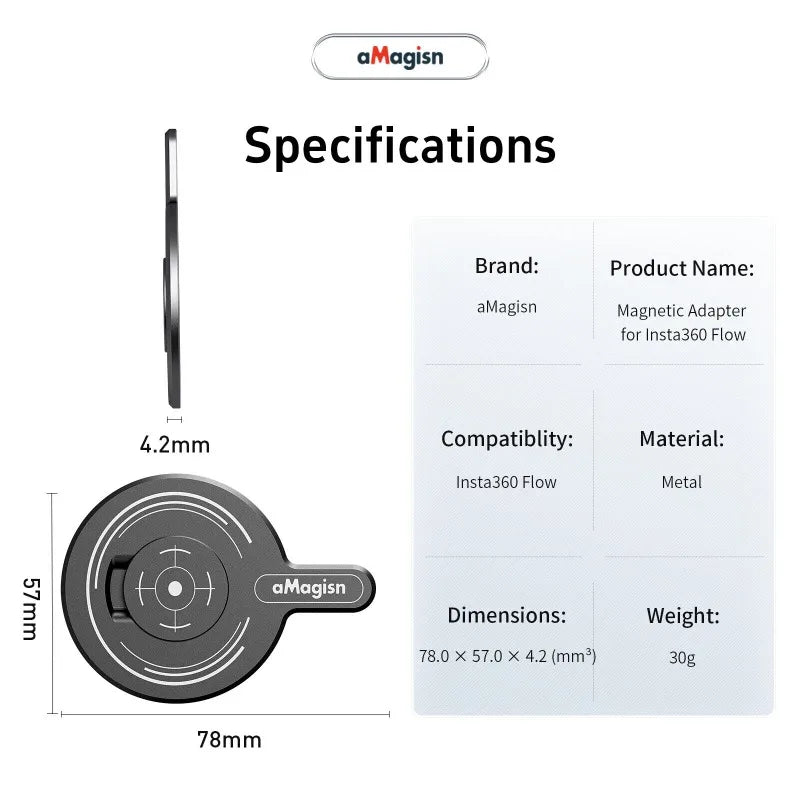 aMagisn for Insta360 Flow Powerful Magnetic Adapter for MagSafe Action Camera Magnetic Plate with Metal Ring Camera Accessories