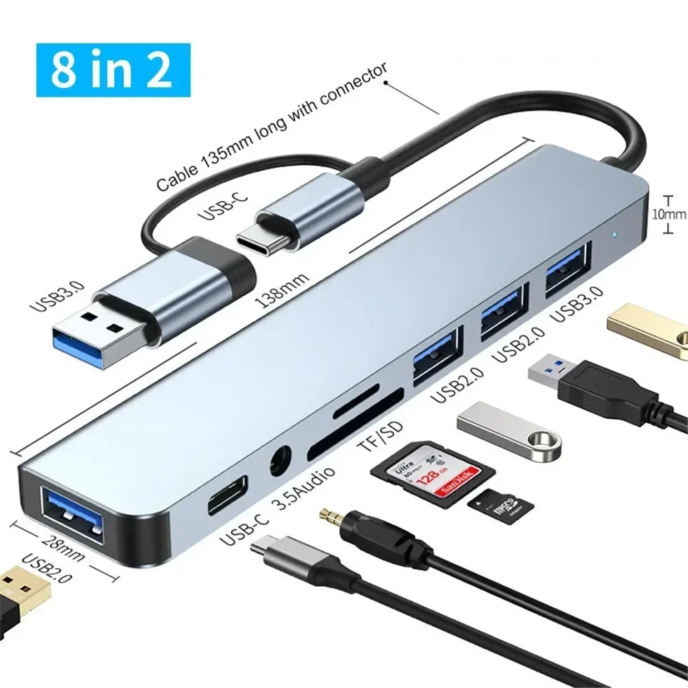USB C Hub USB Hub, 8 in 2 USB Splitter with 1*USB 3.0, 3*USB 2.0 ,1*USB C Ports, SD/TF Splitter Card Reader, 1XAudio Output