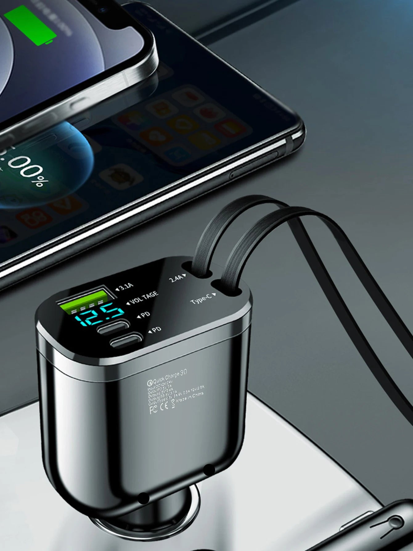 One-to-five car charger with retractable cable, built-in retractable cable PD car fast charging super fast charging flash chargi