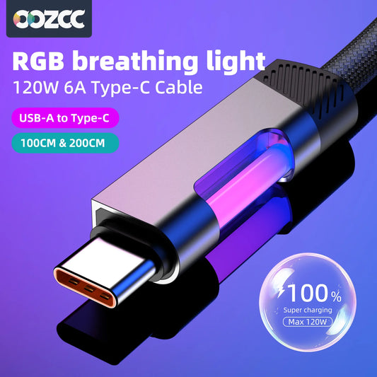RGB Fast Charging Cable 120W 6A USB Type C Charge Cable with RGB Ambient Light