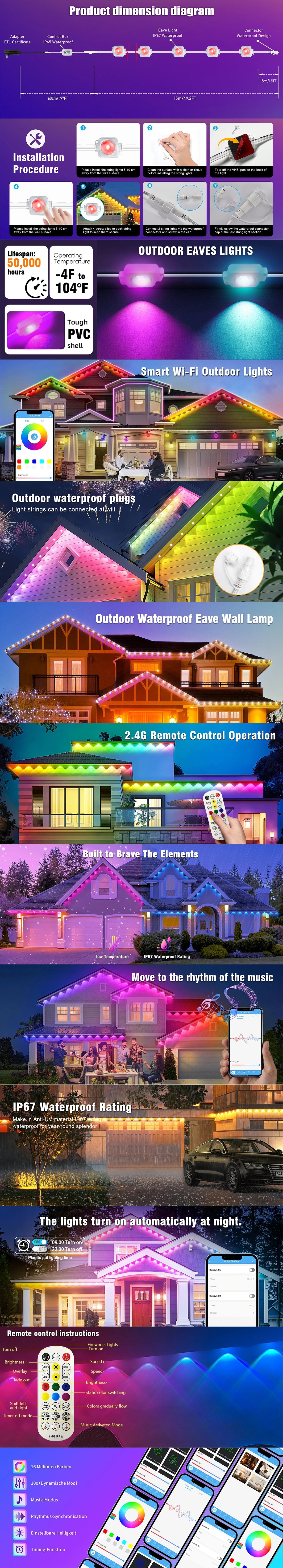 Smart LED Permanent Outdoor Light, 300ft 180LEDs RGBIC Eaves Lights, IP67 Waterproof for New Year and Christmas Home Decor