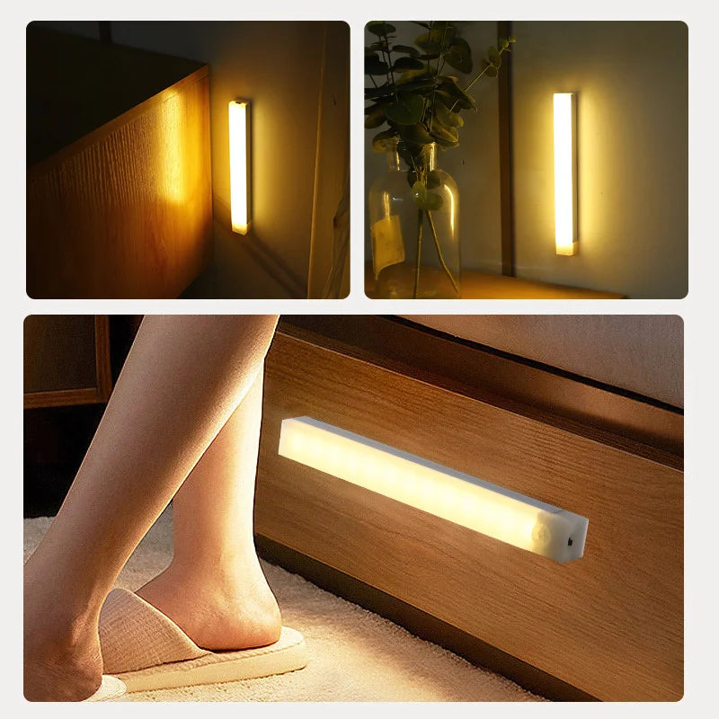 Motion Sensor Wireless LED Night Light USB Rechargeable Long Strip Bar Lamp for Kitchen Cabinet Wardrobe Bedside Staircase Tube