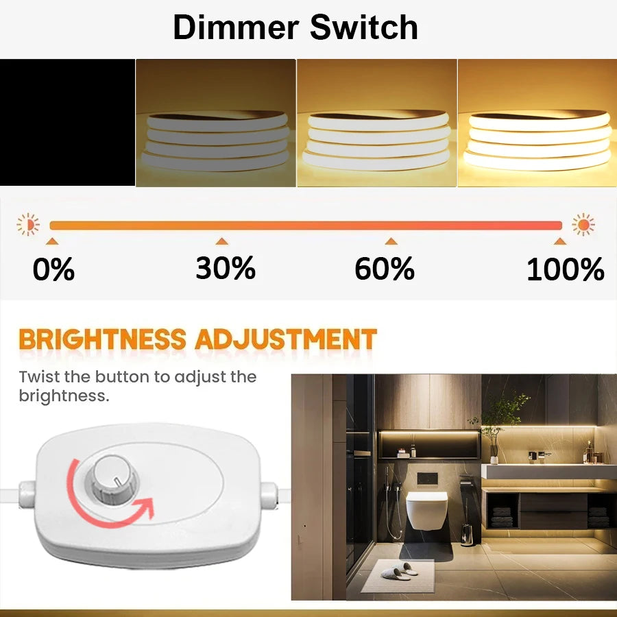 Led Strip Lights 220V with Dimmer IP65 Waterproof COB Led Strip with Self-adhesive Flexible Ribbon for Room Outdoor Lighting