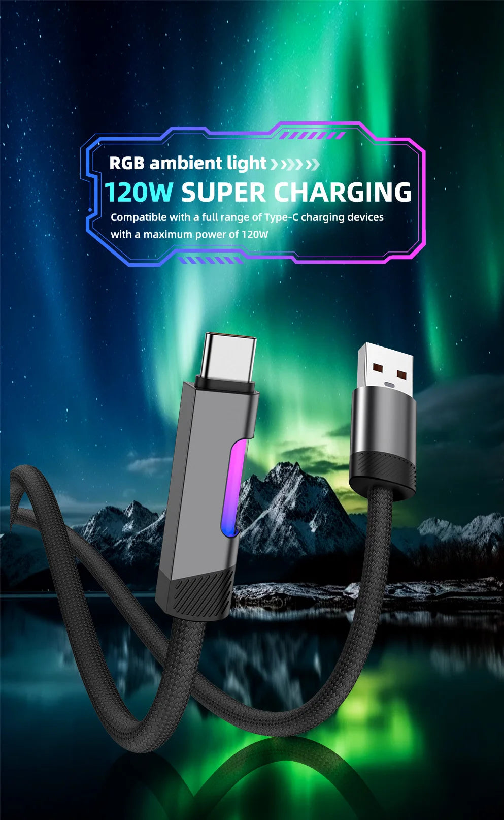RGB Fast Charging Cable 120W 6A USB Type C Charge Cable with RGB Ambient Light