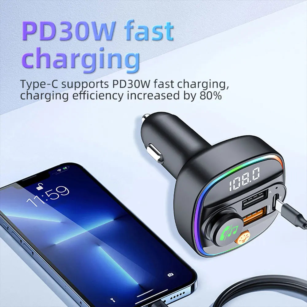 Bluetooth 5.4 FM Transmitter Handsfree Car AUX Radio Modulator MP3 Player with 22.5W & PD30W Fast Charge Adapter Car Accessories