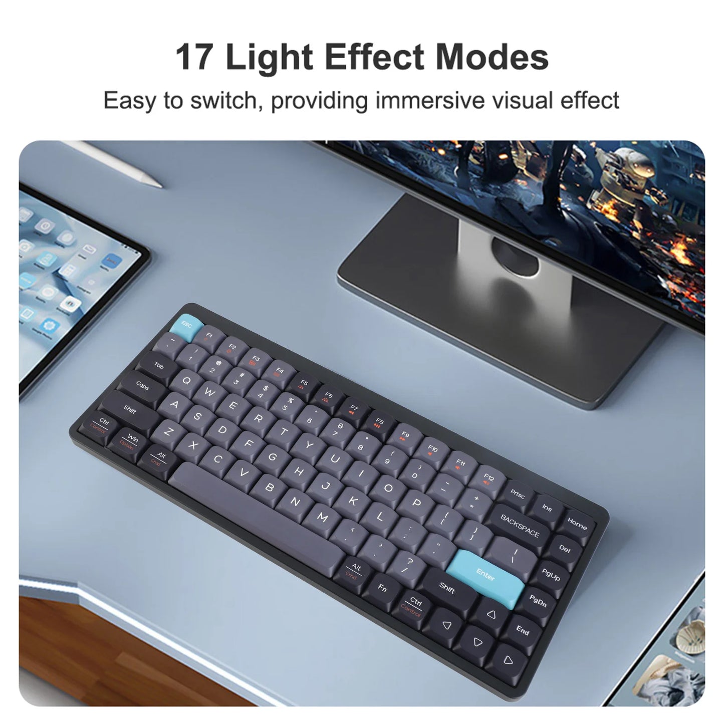 Wireless Mechanical Keyboard 84 Keys 2.4G+BT5.0+Type C 3 Connections 75% Low Profile Layout Keyboards RGB Light Effect