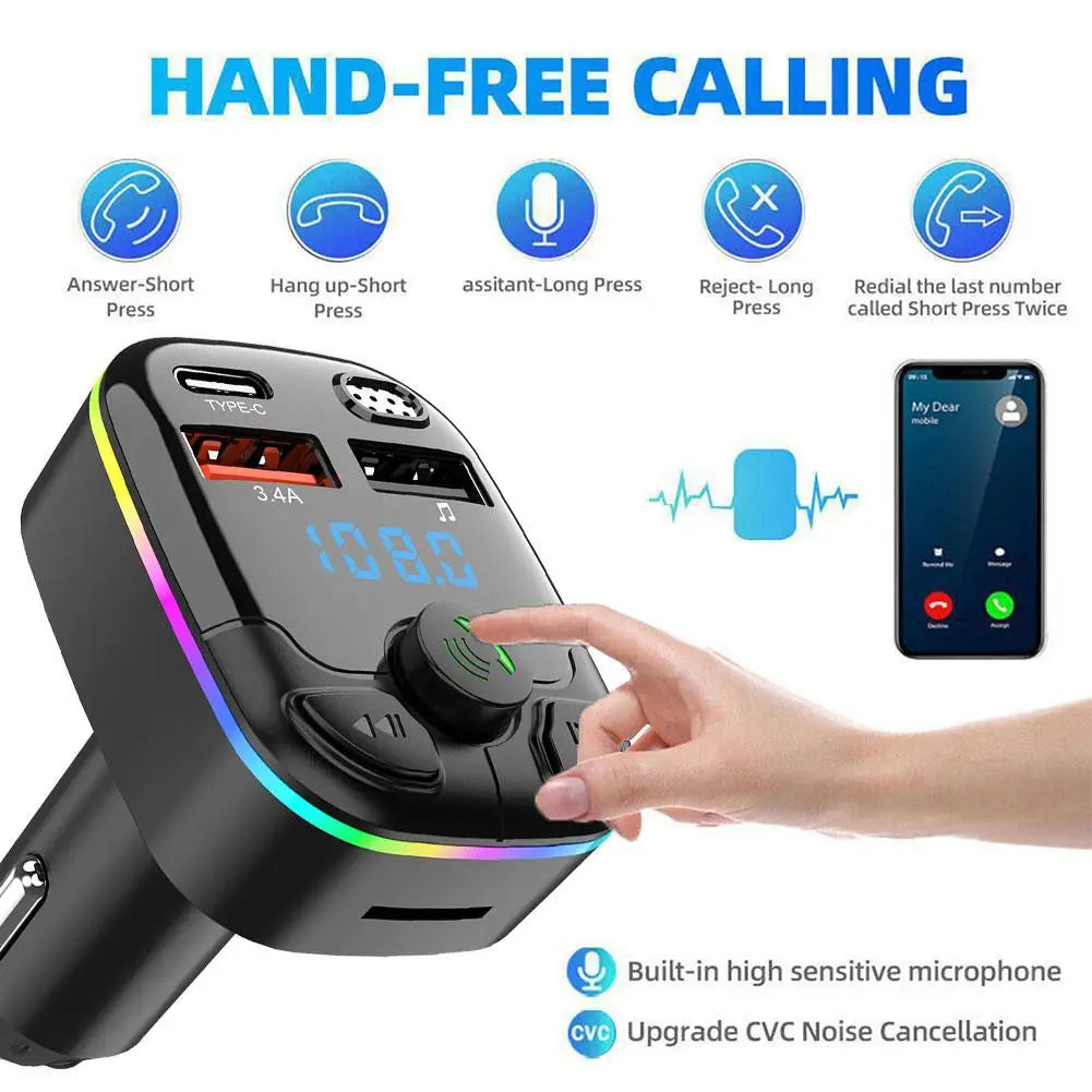 Bluetooth 5.0 Car FM Transmitter PD Type-C Dual USB Ambient Player Handsfree MP3 Charger Type-C Wireless Light PD QC3.0 Adapter