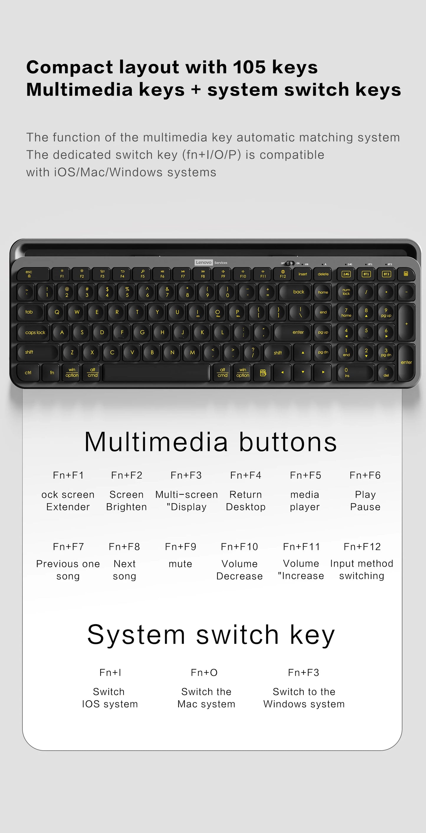 Wireless Gaming Keyboard Full-Sized 105 Key Silent 2.4GHz&Bluetooth Connection Multimedia Keys Compatible with PC Laptop Desktop