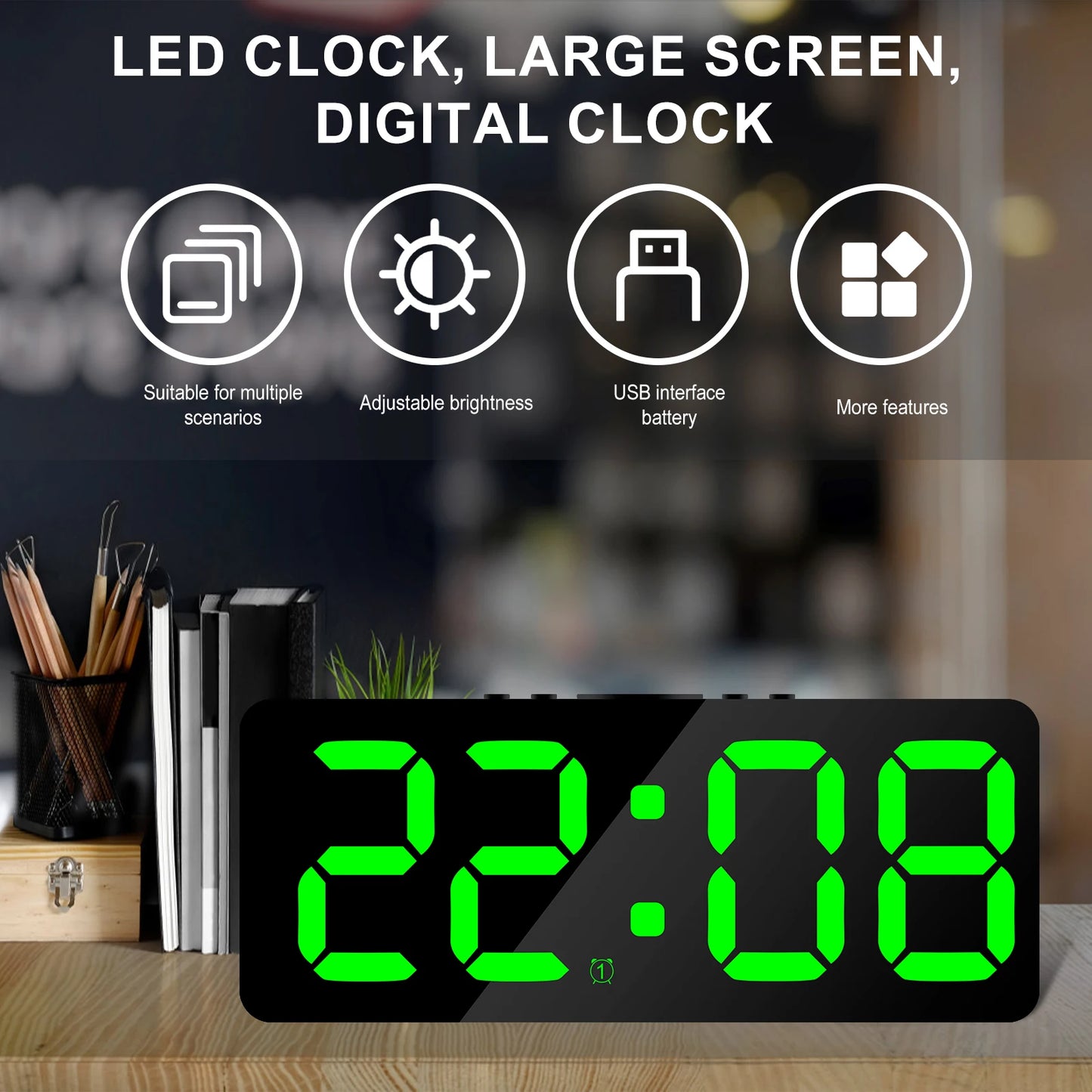 Digital Alarm Clock Large LED Display Alarm Clock 5Level Brightness Dimmable Clock with USB Charging Ports Adjustable Desk Clock