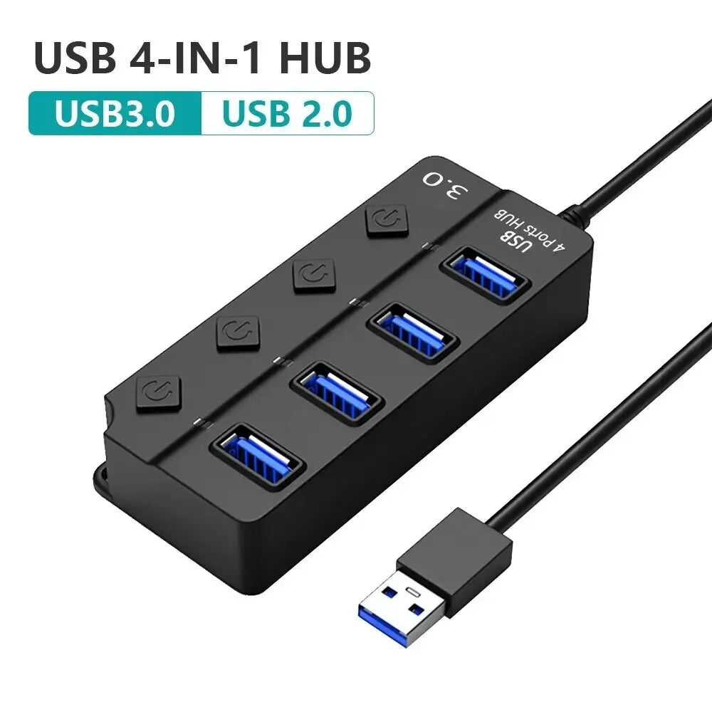 HUB USB 3.0 4-en-1, Répartiteur USB 2.0, Adaptateur Multiport, Interrupteur D'alimentation Indépendant, Rallonge De C?ble De 3