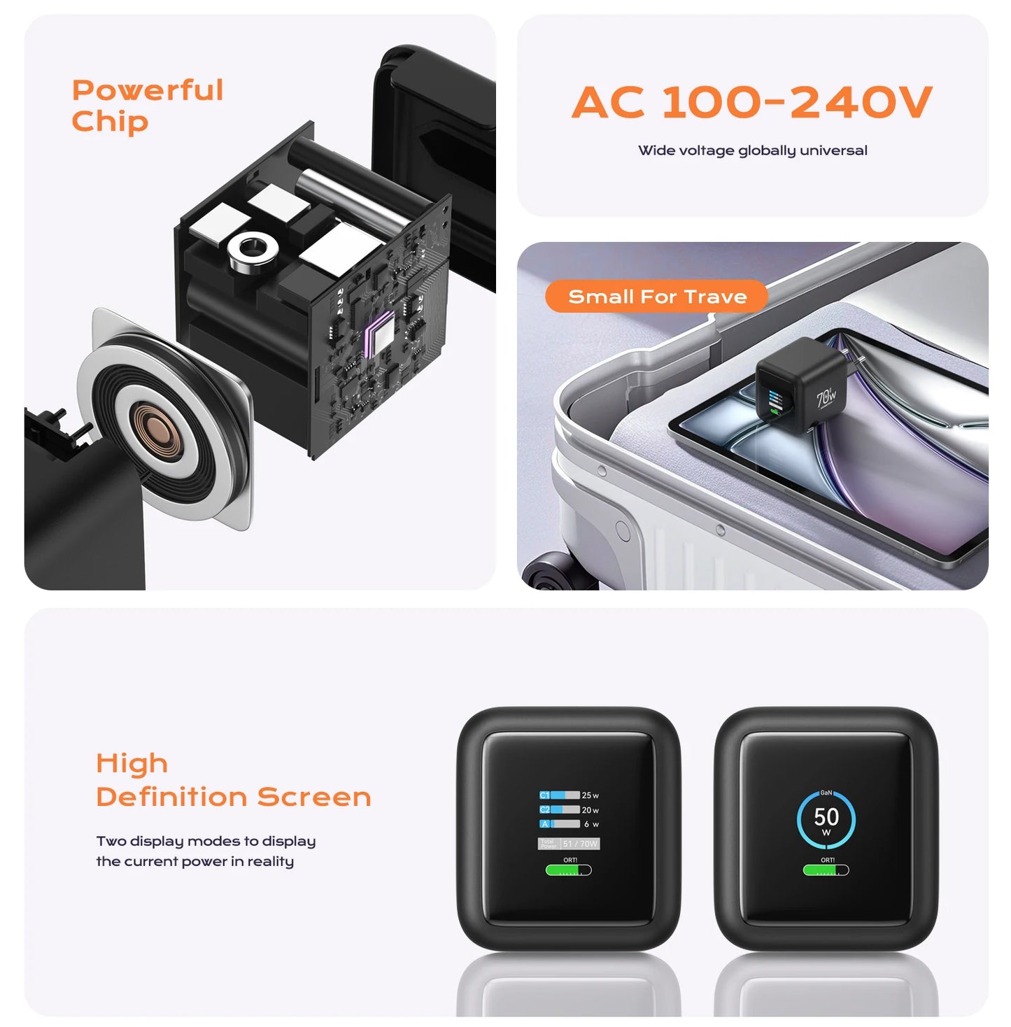 70W GaN Fast Charger with Type-C Retractable Cable 3 IN 1 PD3.0 QC4.0 PPS Fast Charging for IPhone 16 15 14 Xiaomi Tablet Laptop