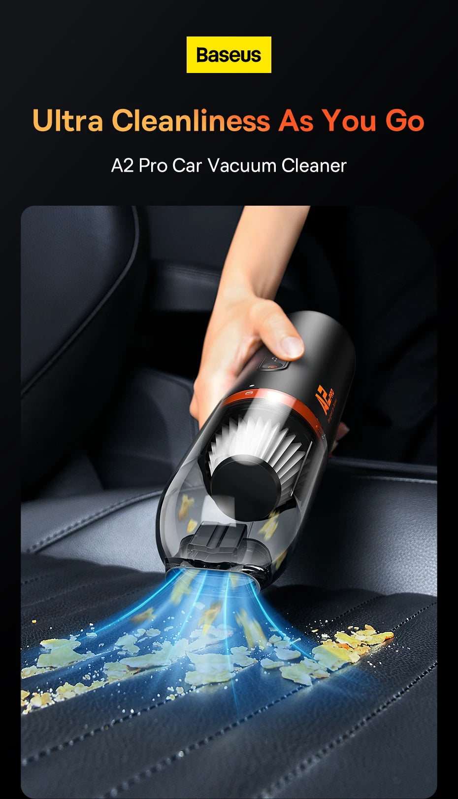 Baseus Car Vacuum Cleaner Mini Handheld Auto Vacuum Cleaner 6000Pa Powerful Suction Blow & Vacuum 2 In1 For Home & Car & Office