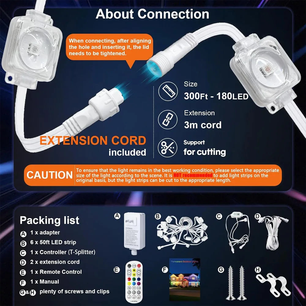 Smart LED Permanent Outdoor Light, 300ft 180LEDs RGBIC Eaves Lights, IP67 Waterproof for New Year and Christmas Home Decor