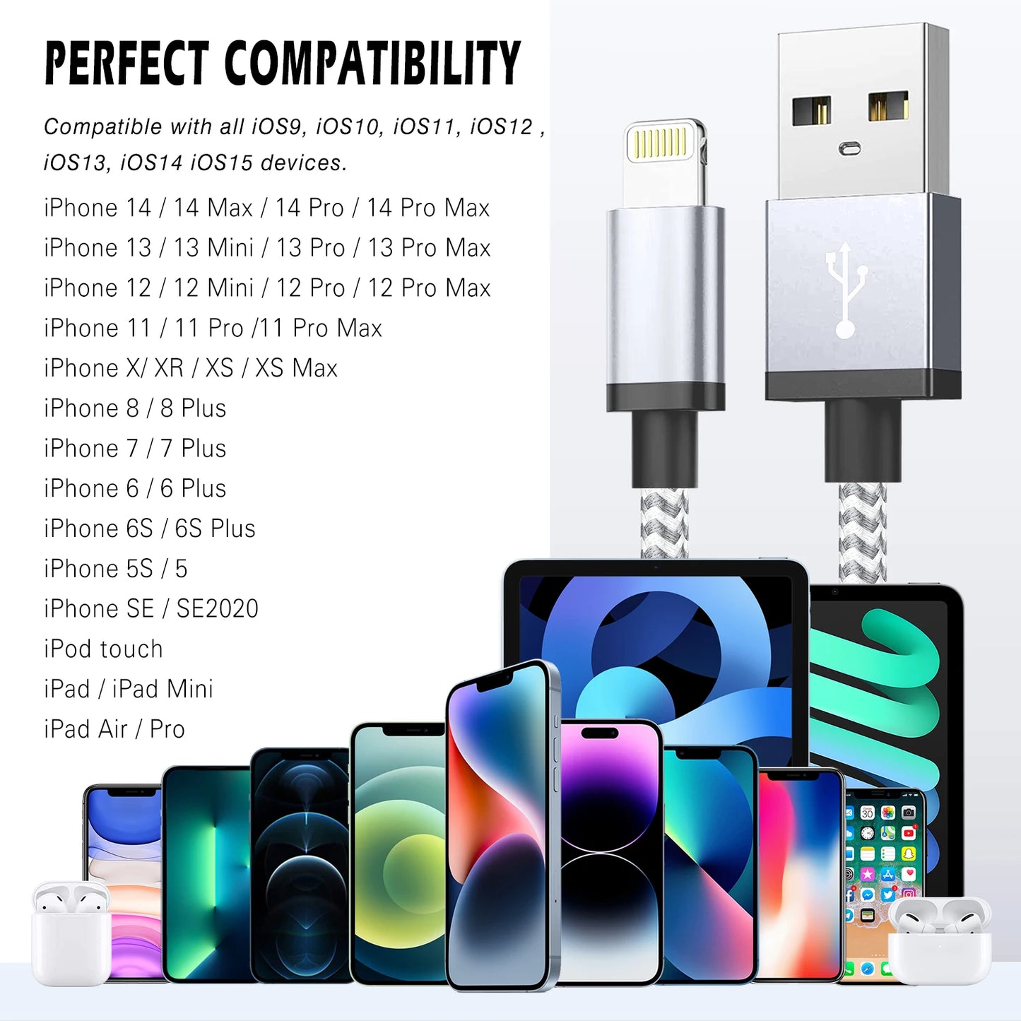 Fast Charging USB Charger Cable For iPhone 14 13 12 11 Xs Max Xr X 8 7 6 Plus  iPad Origin Mobile Phone Long Data Cord 1m 2m 3m
