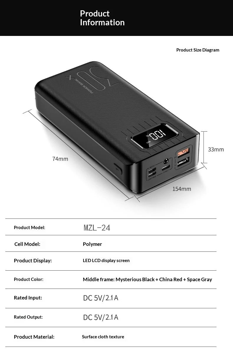Power bank with a large capacity of 30000 mAh fast charging for mobile phones mobile power bank charging digital display