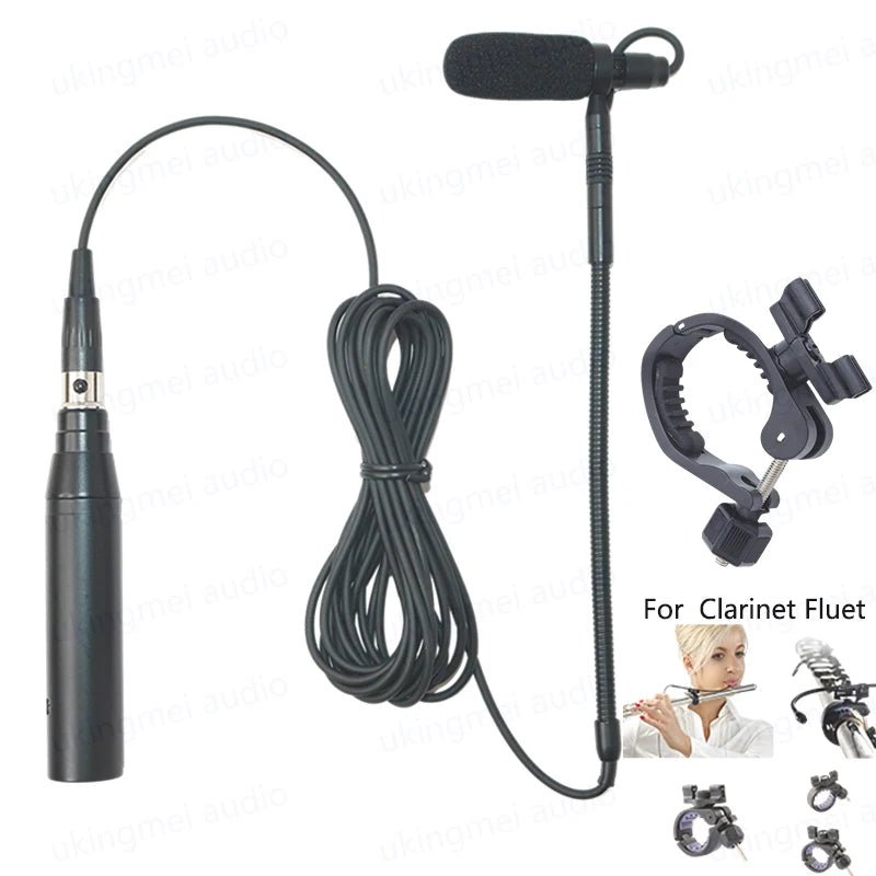 Clip-On Musical Instrument Microphone for Piano Guitar Saxophone Violin Cello Phantom Power Input Flexible Gooseneck Microphone