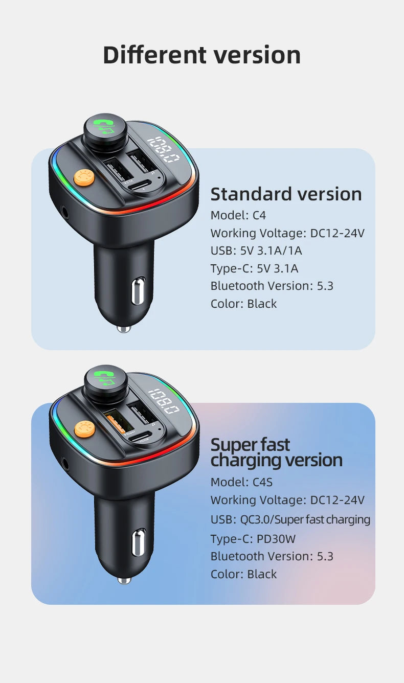 Bluetooth 5.4 FM Transmitter Handsfree Car AUX Radio Modulator MP3 Player with 22.5W & PD30W Fast Charge Adapter Car Accessories